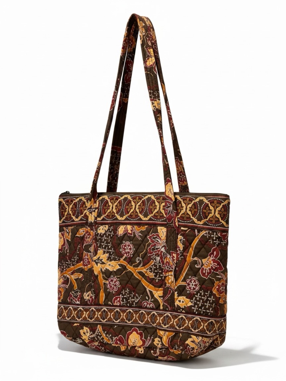 Quilted Floral Tote Bag in Brown and Mustard